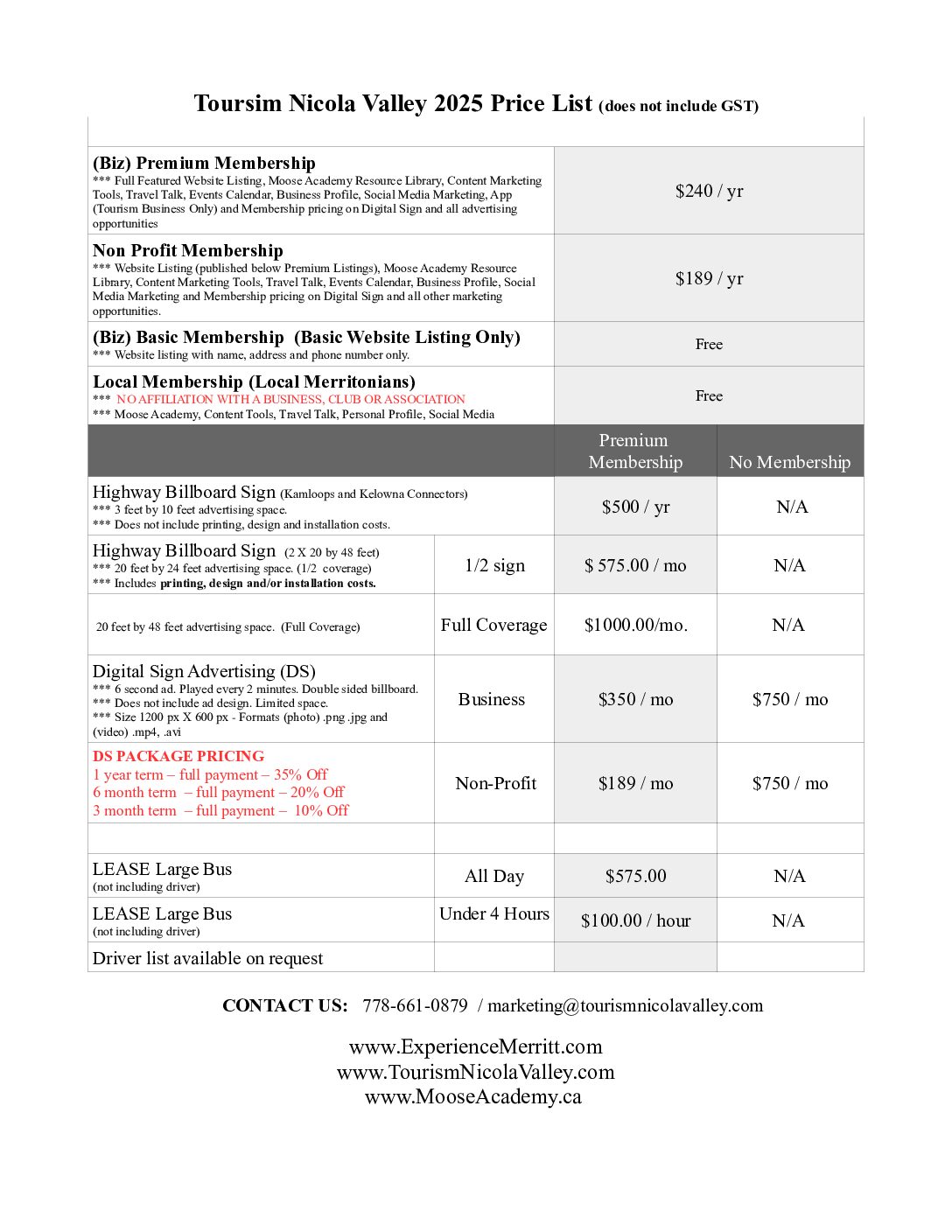 2025 Price List Membership Pricing TNV